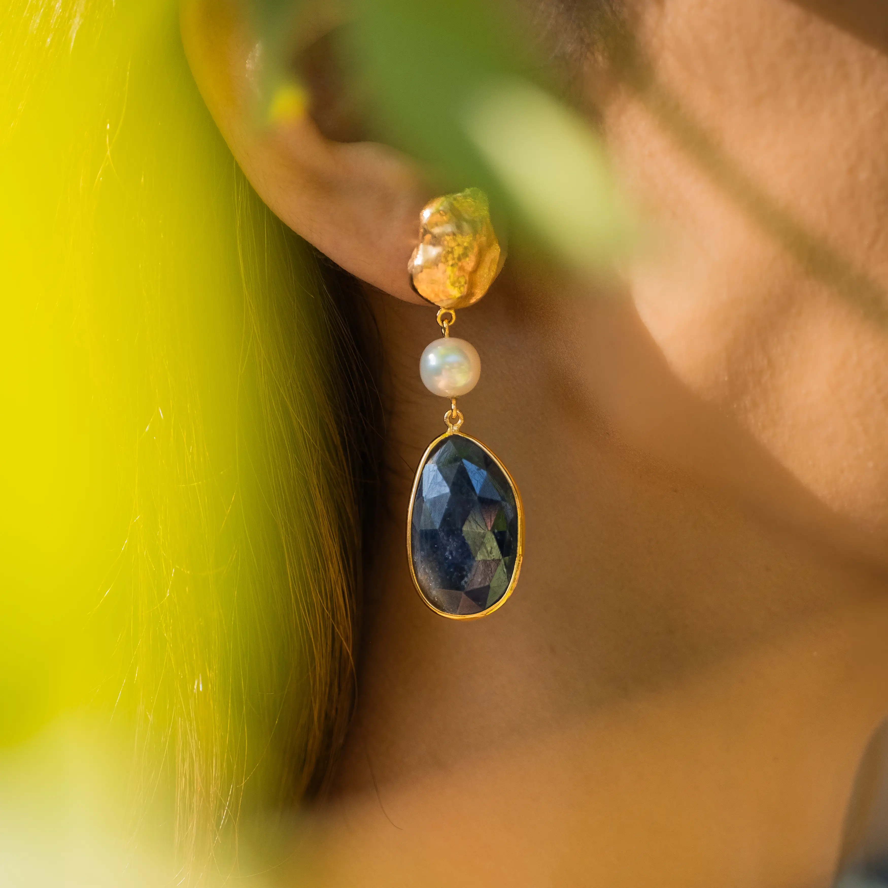 Collector's Edit Rose Cut Sapphire and Pearl Earring in 18K Gold
